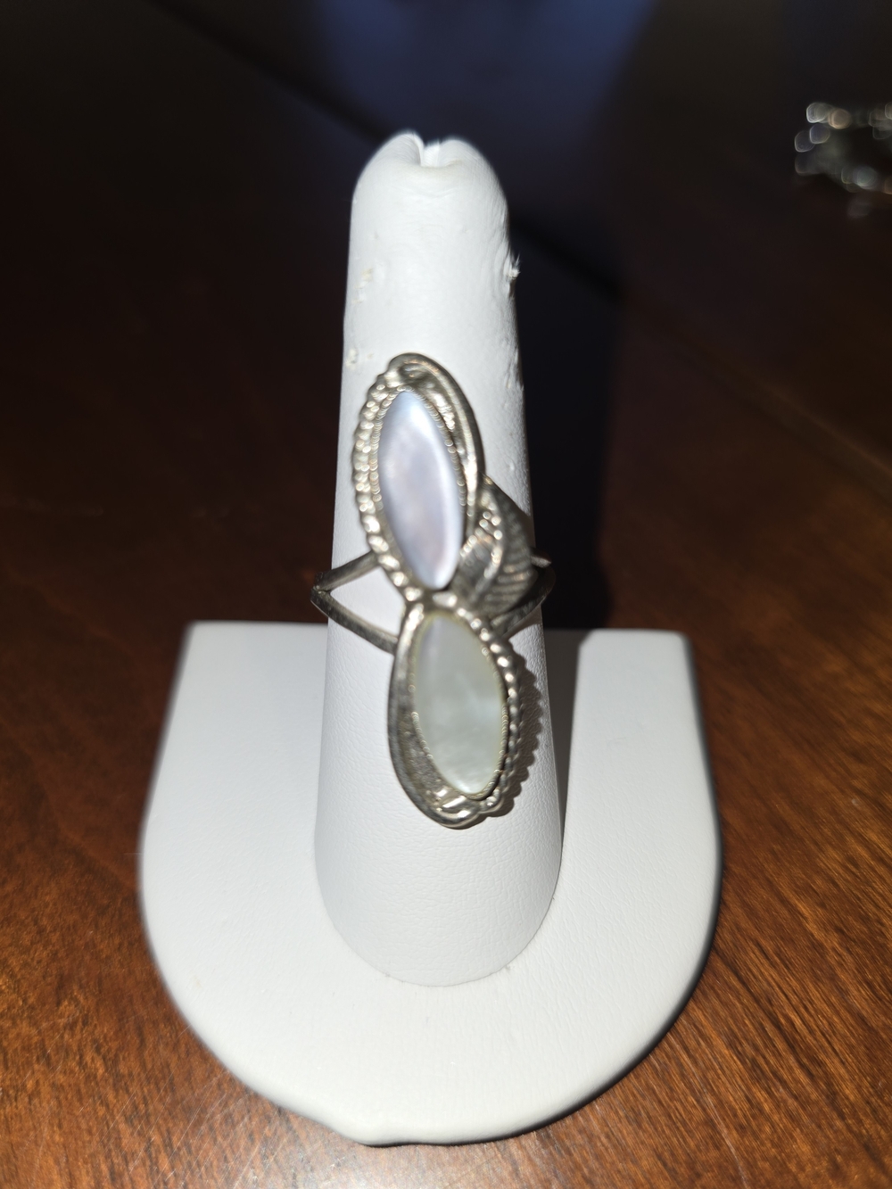 Silver Mother-of-Pearl Oval Double Stone Ring - size 7.5